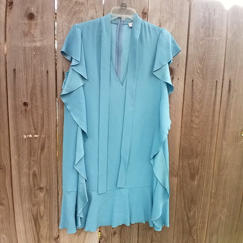 RED Valentino Light Blue Tent Mini Dress 44(6) Zip Tie Front V Neck Pockets